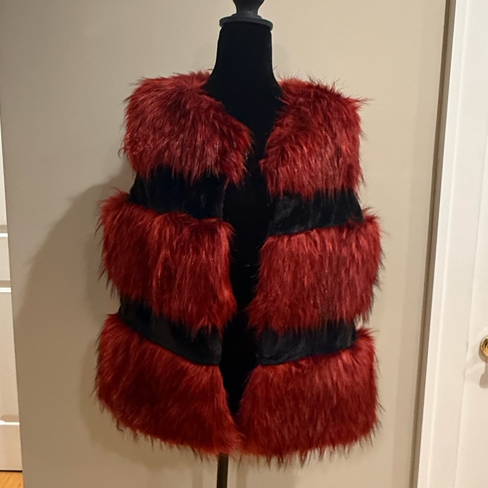 LaSeine Red and Black Faux Fur Vest